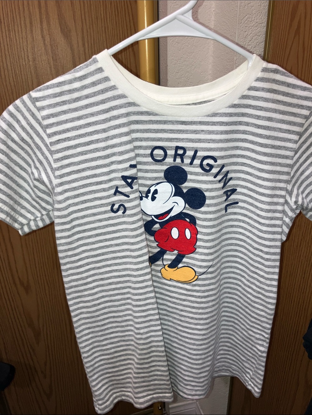 Disney Gray & White Striped Mickey Tee with Classic Mickey Graphic